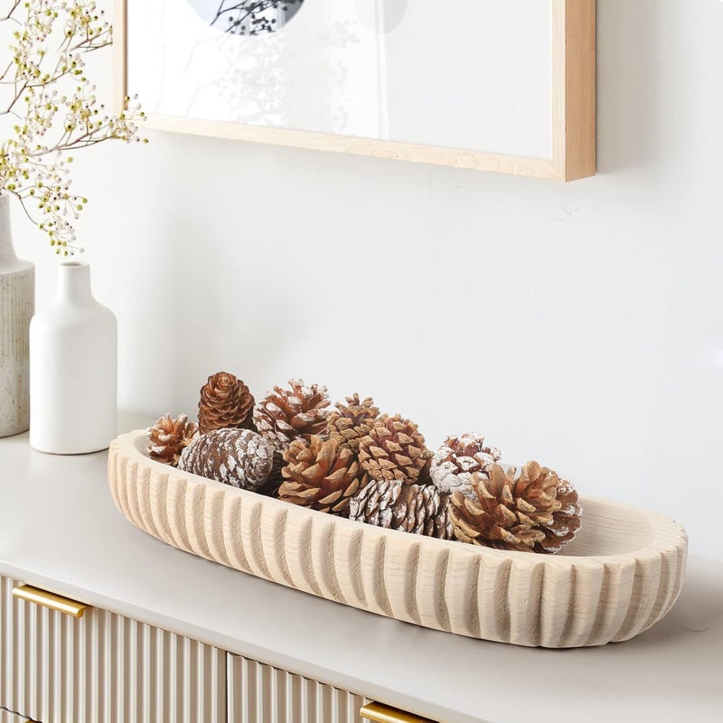Oakrain Wooden Decorative Dough Bowl for Home Decor, Unique Centerpiece Bowl, Wood Bowl with Hand Carved Vertical Stripes, Home Decor Accents for Farmhouse Boho Rustic Style (16.3"x 6" Light Wood Color) - Image 1
